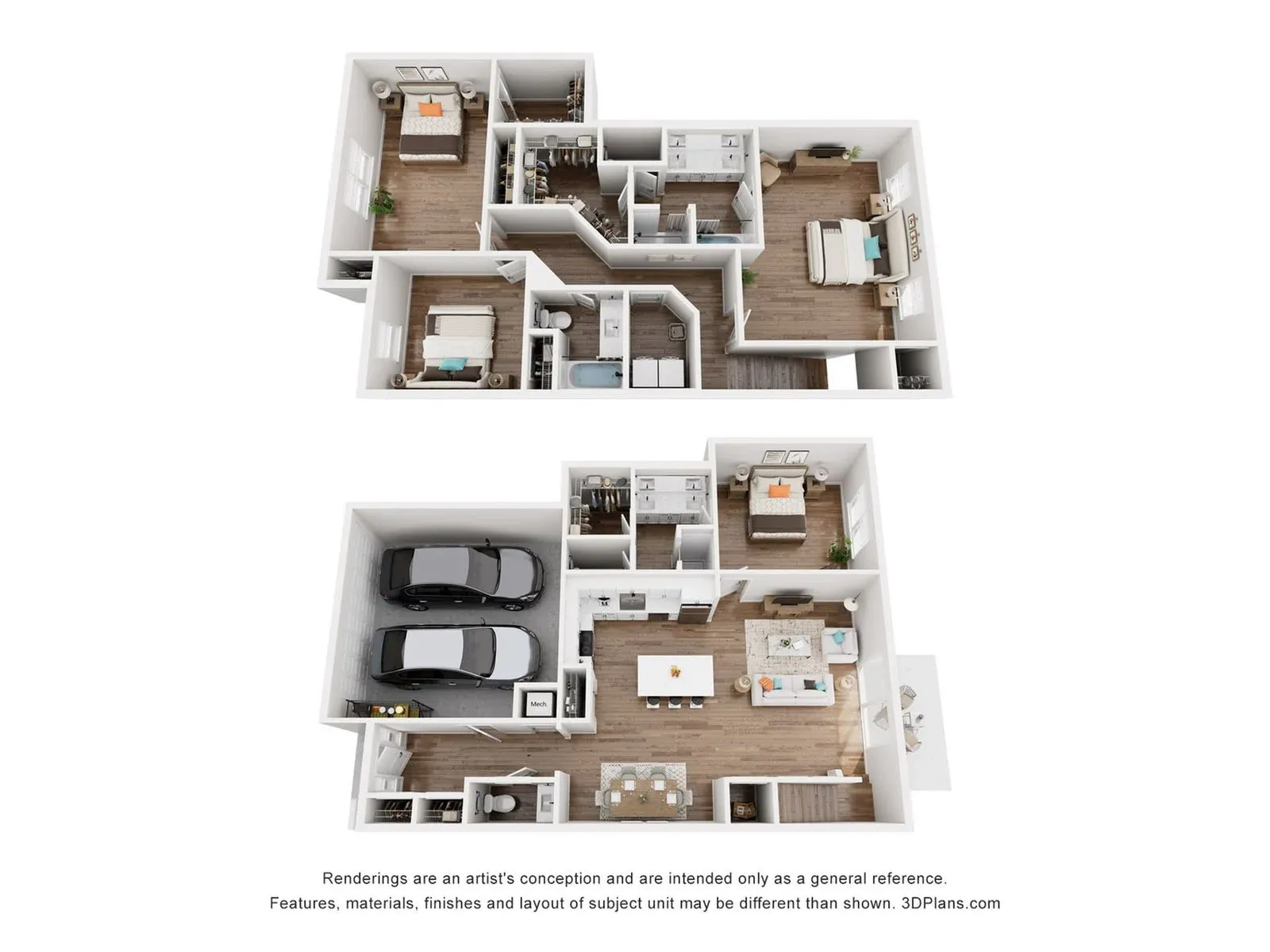 3D floor plan of a two-story house with garage, kitchen, living areas, bedrooms, and bathrooms.