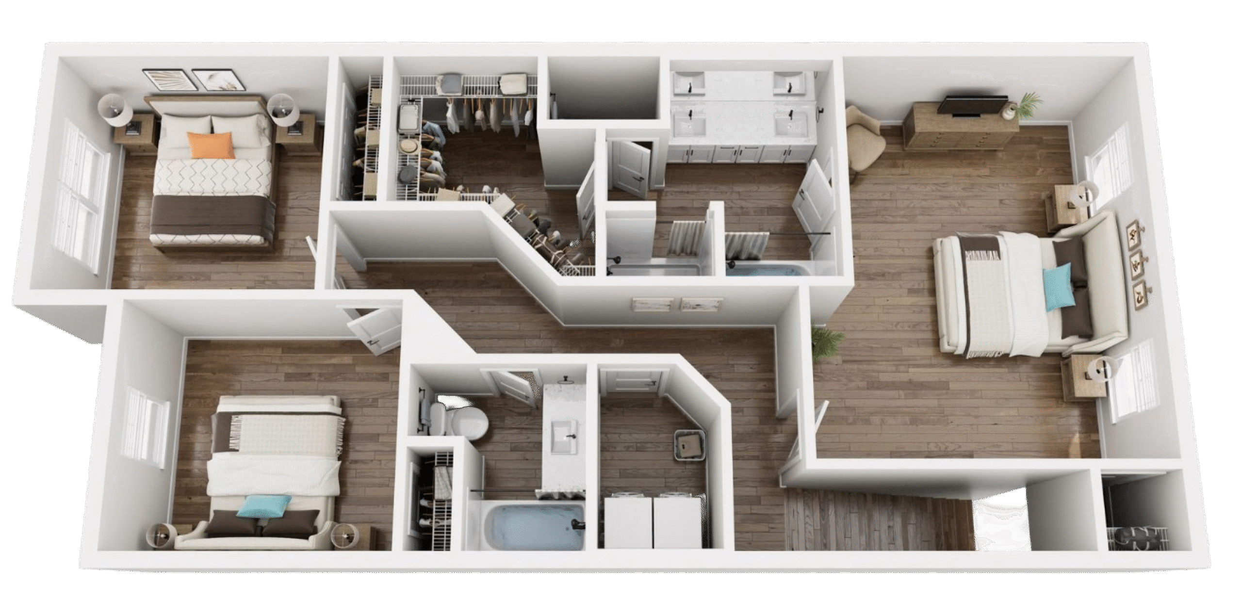 3-bedroom, 2-bathroom apartment floor plan with kitchen, living area, closets, and wood floors throughout.