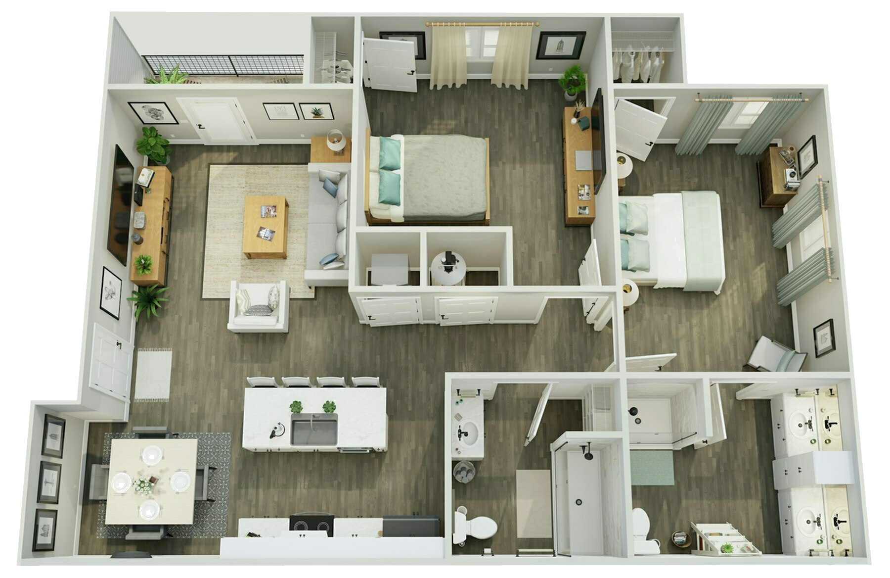 Plano en 3D de un moderno apartamento de dos dormitorios con cocina, salón y dos baños.